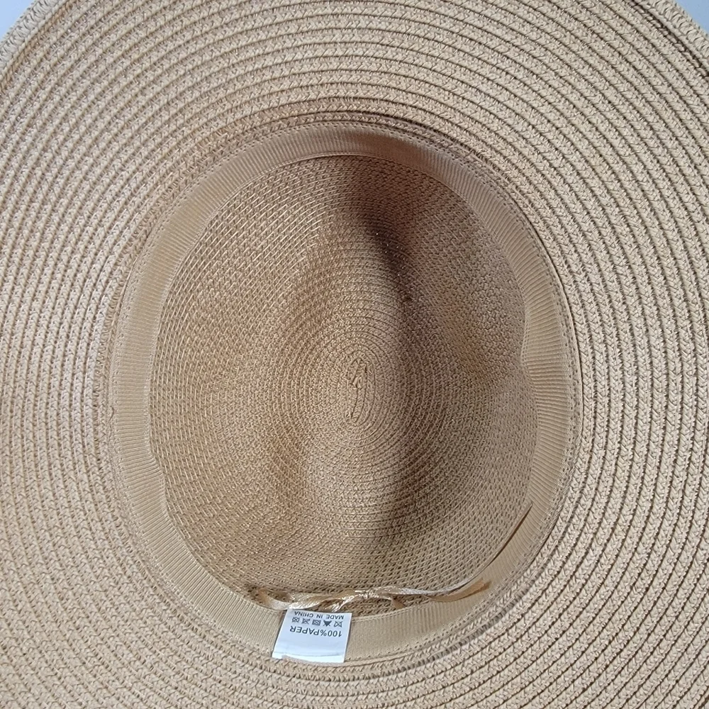 Summer Sun Hat Women's One Size Tan Fedora with Black Band Paper Straw Woven
